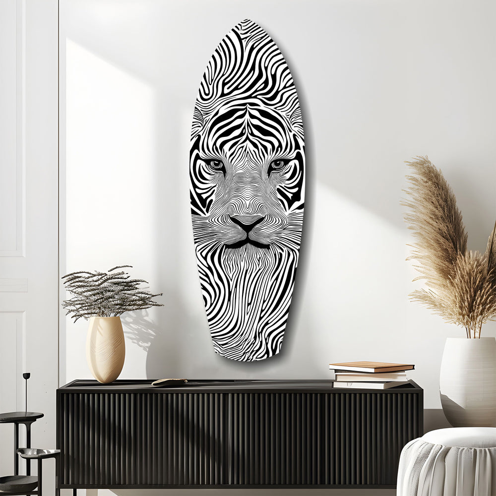 Optical Lion Black White Lines Glass Wall Art.