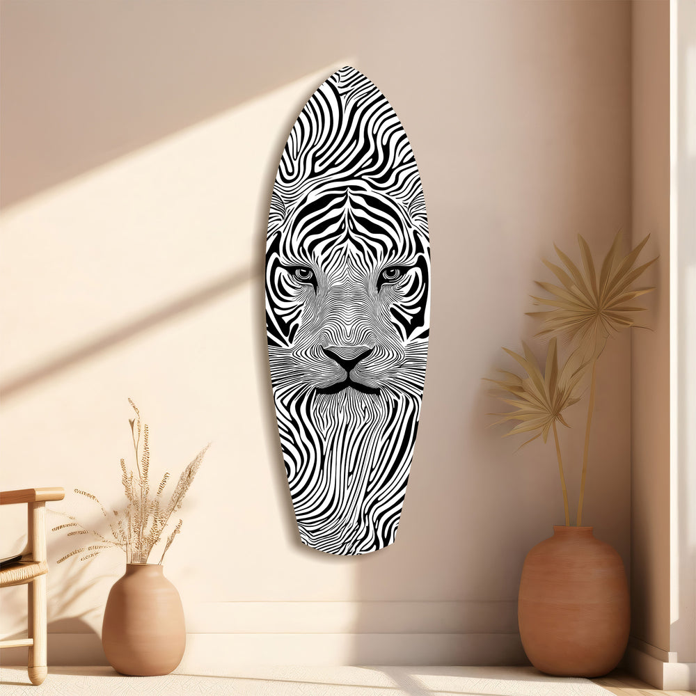 Optical Lion Black White Lines Glass Wall Art.