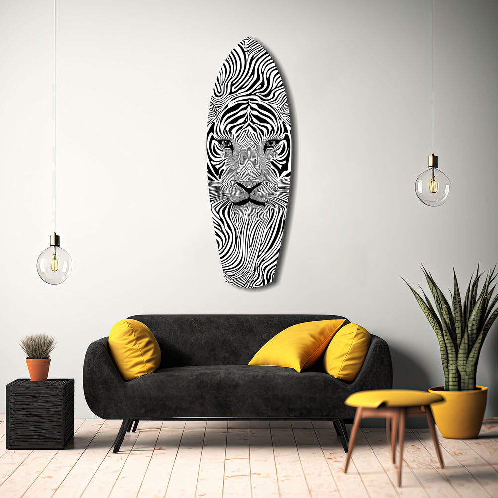 Optical Lion Black White Lines Glass Wall Art.