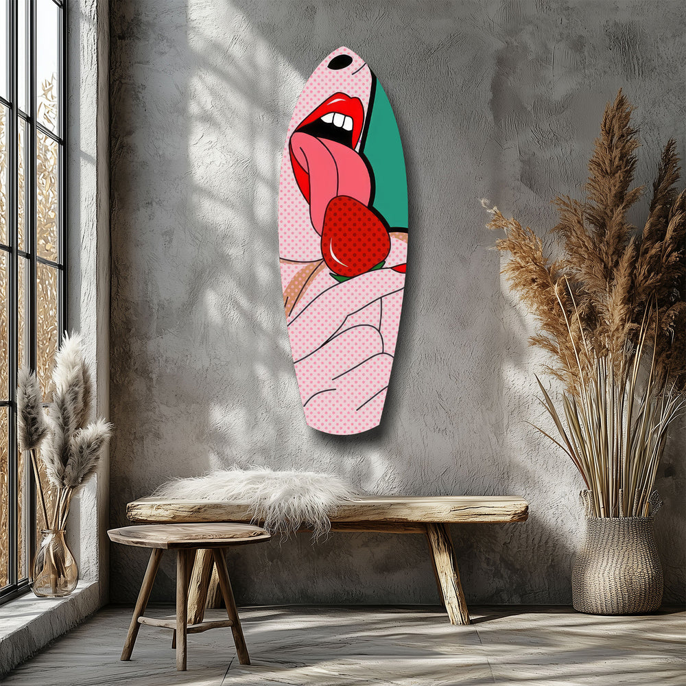 Pop Art Lips Strawberry Tongue Glass Wall Art.