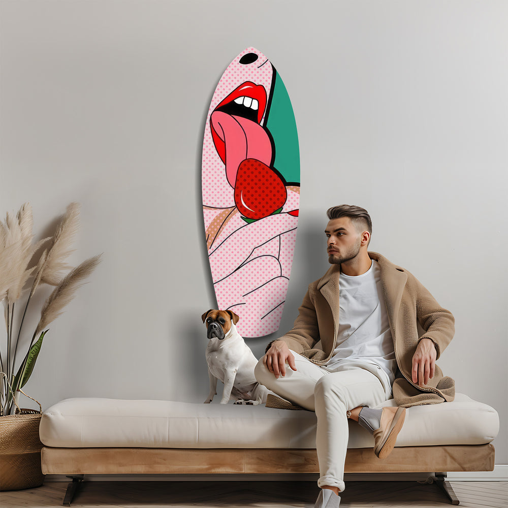 Pop Art Lips Strawberry Tongue Glass Wall Art.