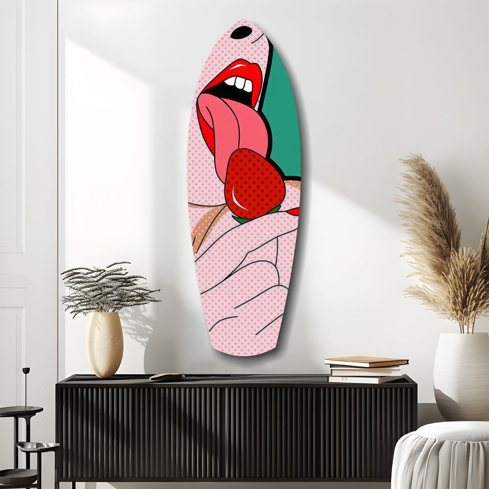 Pop Art Lips Strawberry Tongue Glass Wall Art.