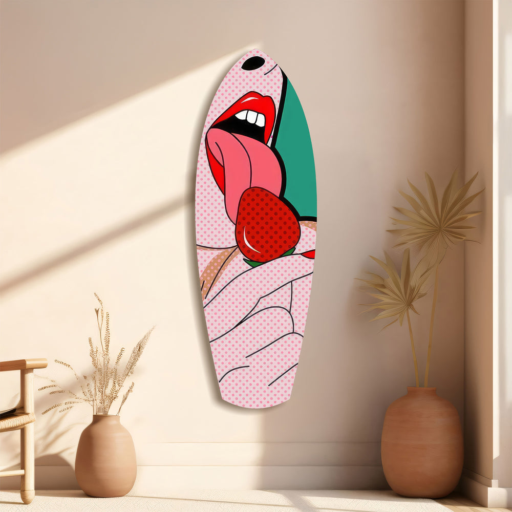 Pop Art Lips Strawberry Tongue Glass Wall Art.