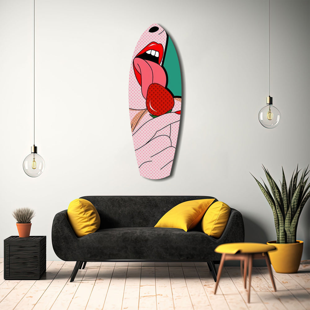 Pop Art Lips Strawberry Tongue Glass Wall Art.
