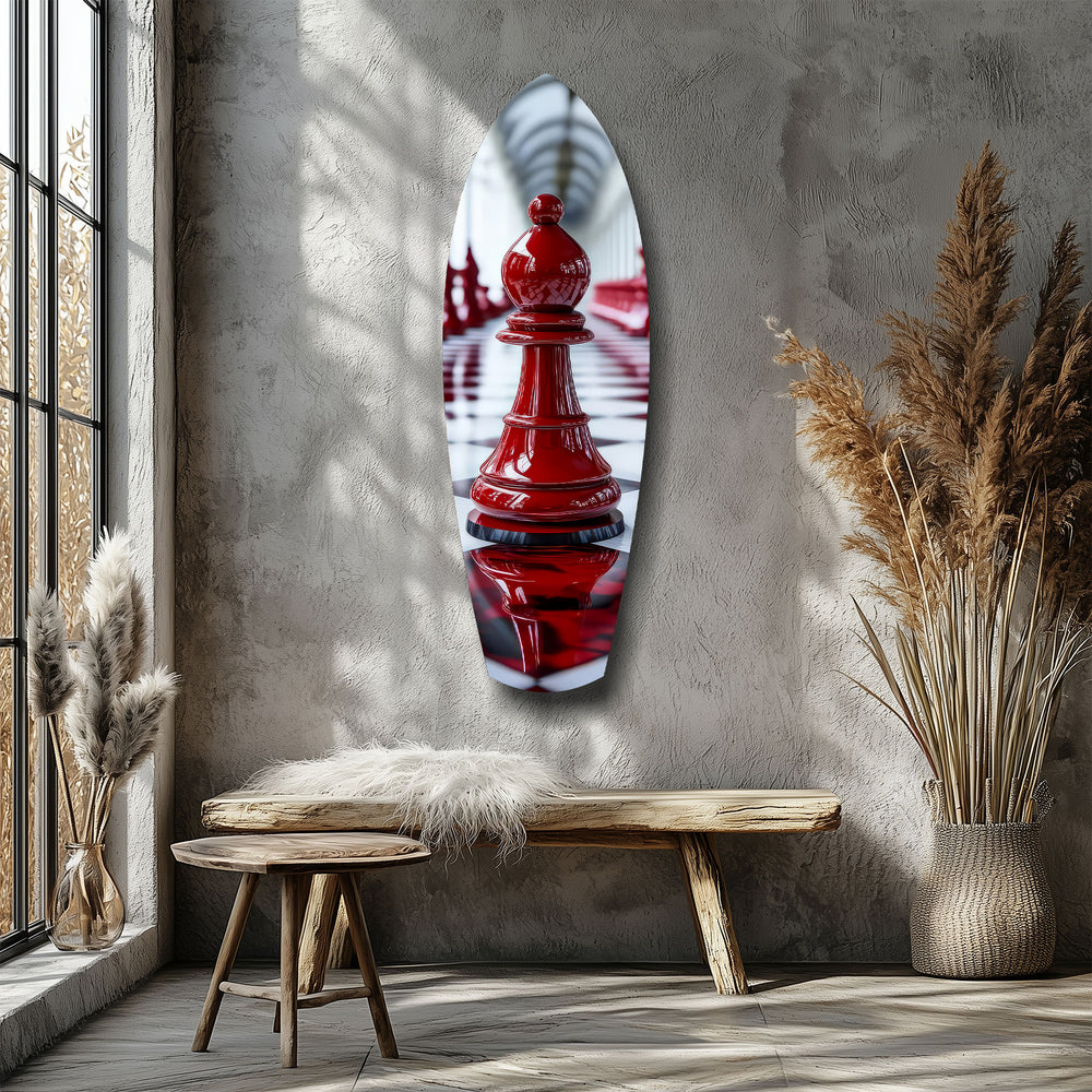 Red Bishop Chess Piece Strategy Glass Wall Art.