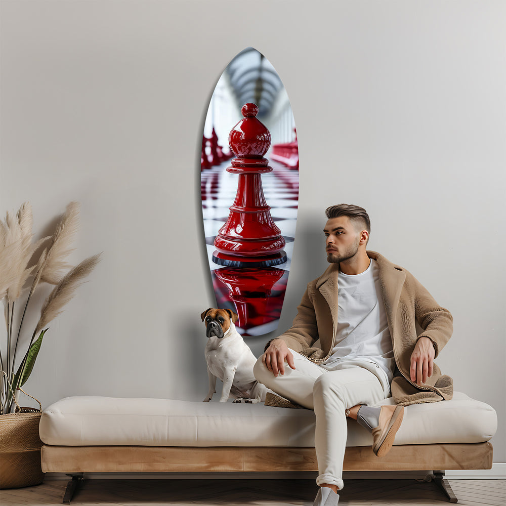Red Bishop Chess Piece Strategy Glass Wall Art.