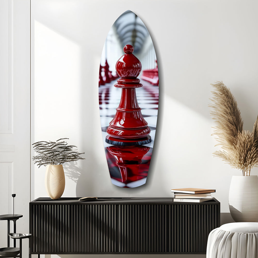 Red Bishop Chess Piece Strategy Glass Wall Art.