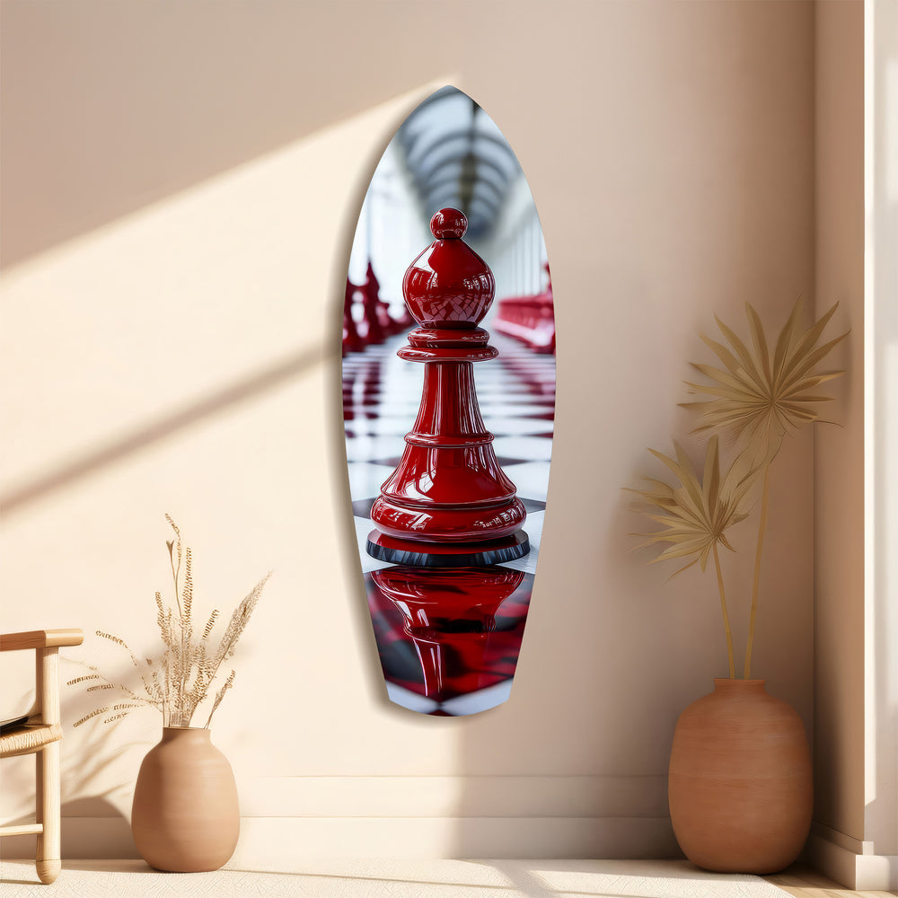 Red Bishop Chess Piece Strategy Glass Wall Art.