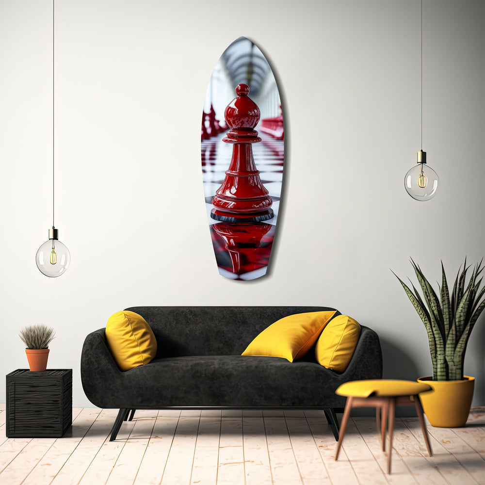 Red Bishop Chess Piece Strategy Glass Wall Art.