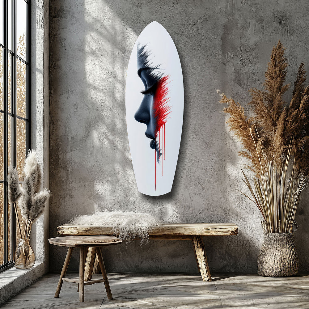 Brushstroke Face Profile Red Tear Glass Wall Art.