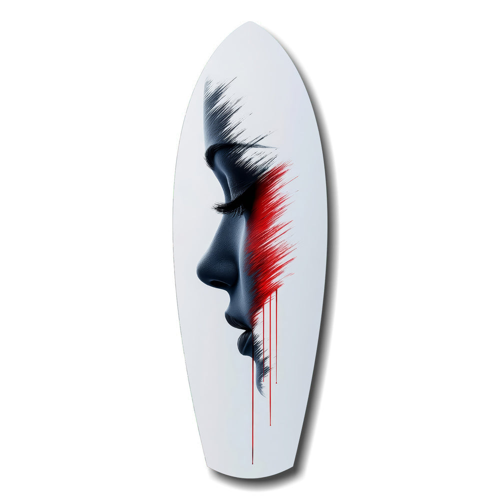 Brushstroke Face Profile Red Tear Glass Wall Art.