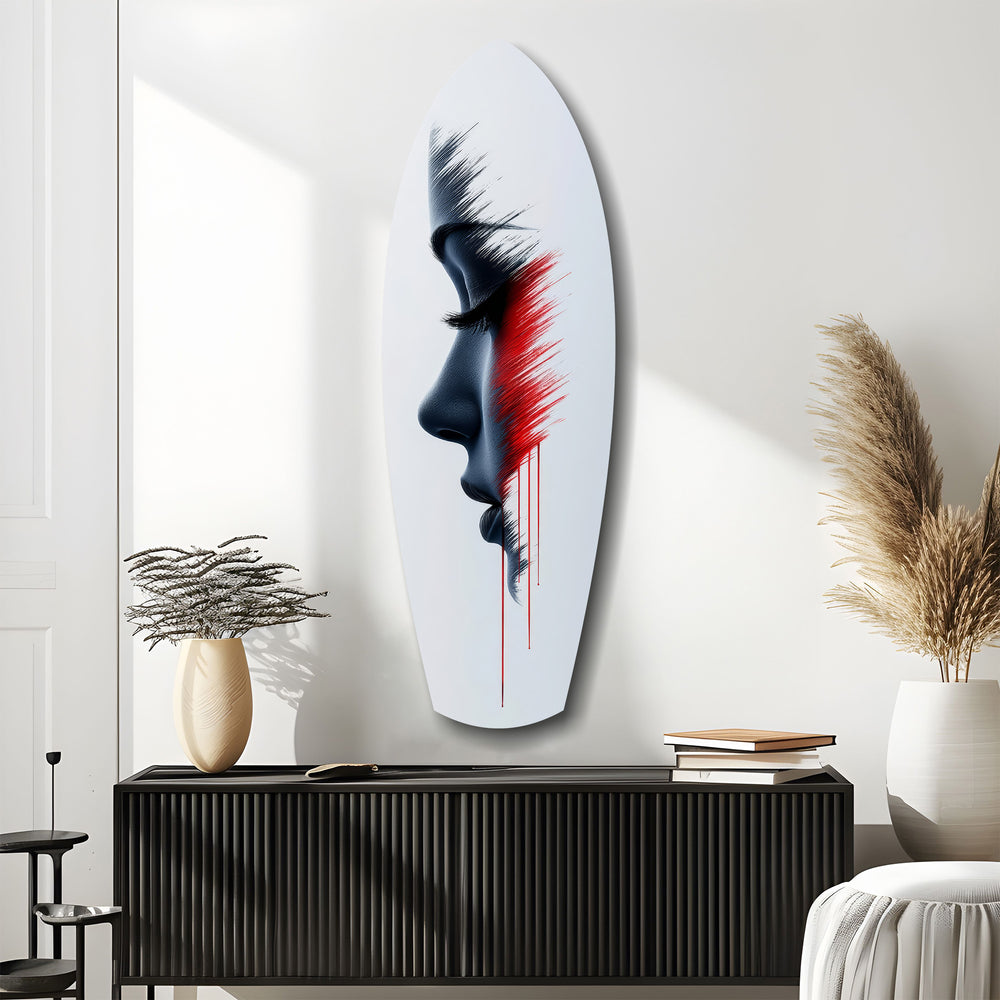 Brushstroke Face Profile Red Tear Glass Wall Art.