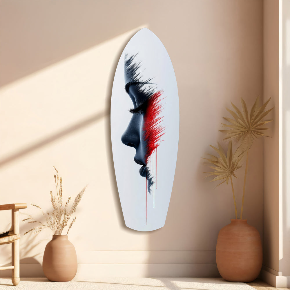 Brushstroke Face Profile Red Tear Glass Wall Art.