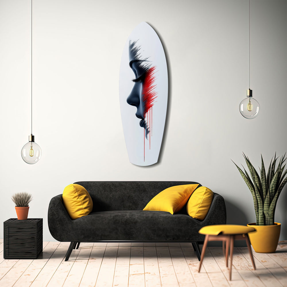 Brushstroke Face Profile Red Tear Glass Wall Art.