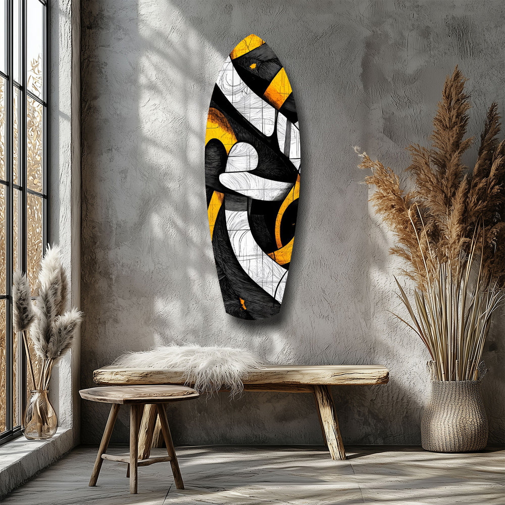 Cubist Abstract Yellow Black Sketch Glass Wall Art.
