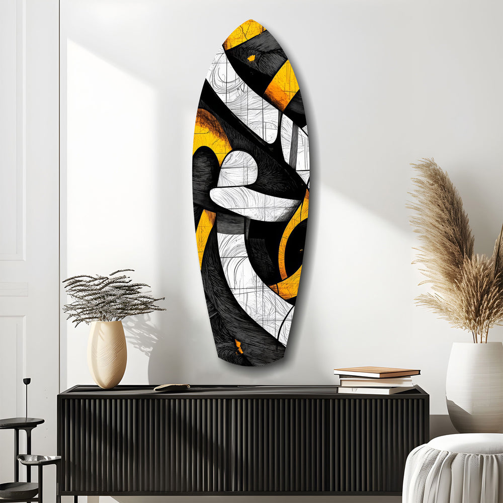 Cubist Abstract Yellow Black Sketch Glass Wall Art.
