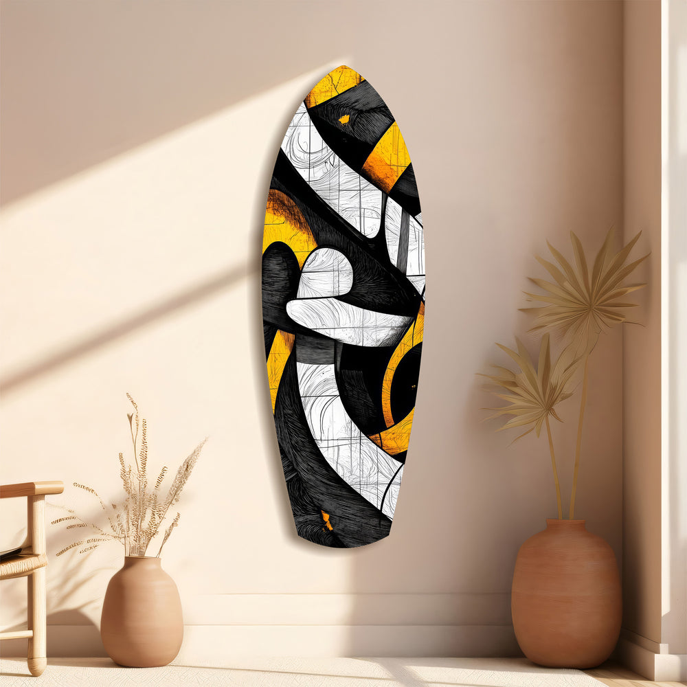 Cubist Abstract Yellow Black Sketch Glass Wall Art.