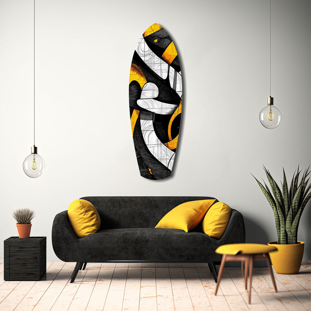 Cubist Abstract Yellow Black Sketch Glass Wall Art.