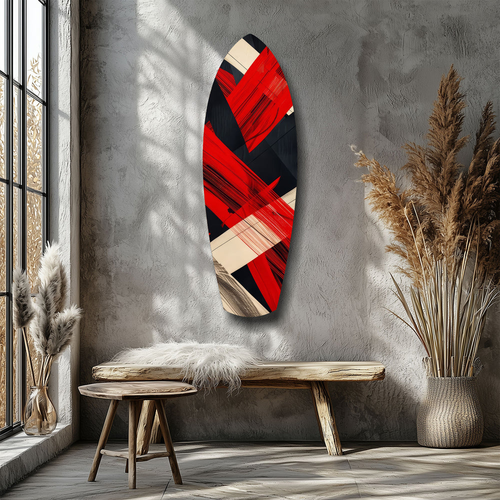 Red Black Cream Brushstroke Abstract Glass Wall Art.