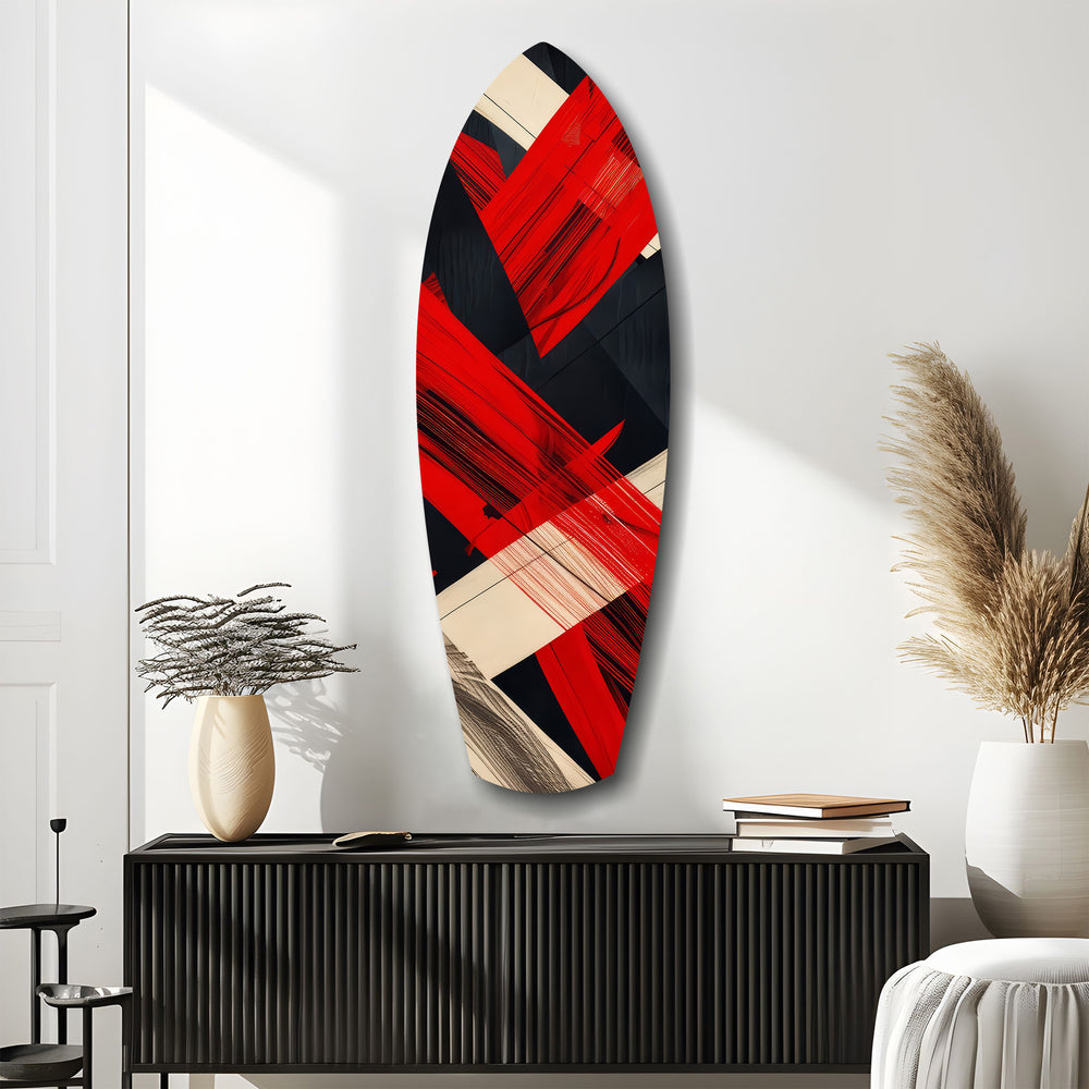 Red Black Cream Brushstroke Abstract Glass Wall Art.