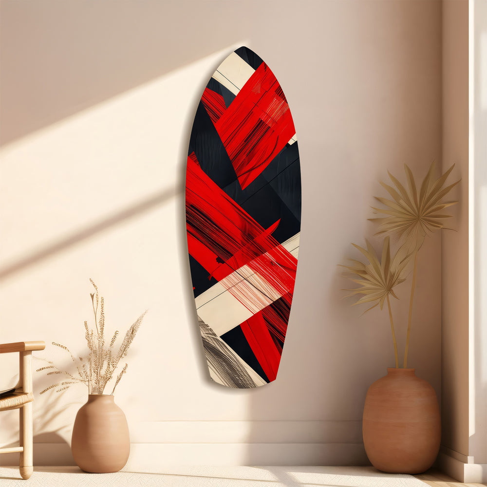 Red Black Cream Brushstroke Abstract Glass Wall Art.