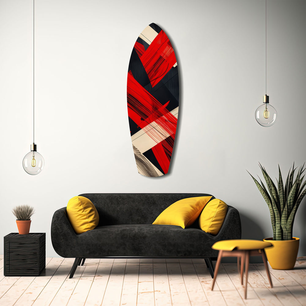 Red Black Cream Brushstroke Abstract Glass Wall Art.