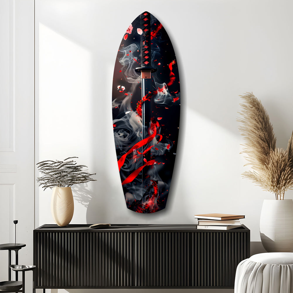 Samurai Katana Cherry Blossom Smoke Glass Wall Art.