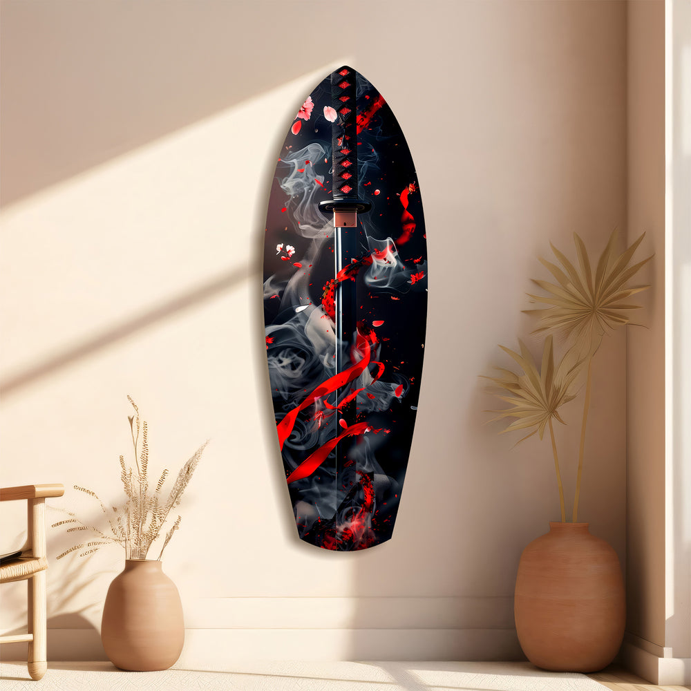 Samurai Katana Cherry Blossom Smoke Glass Wall Art.
