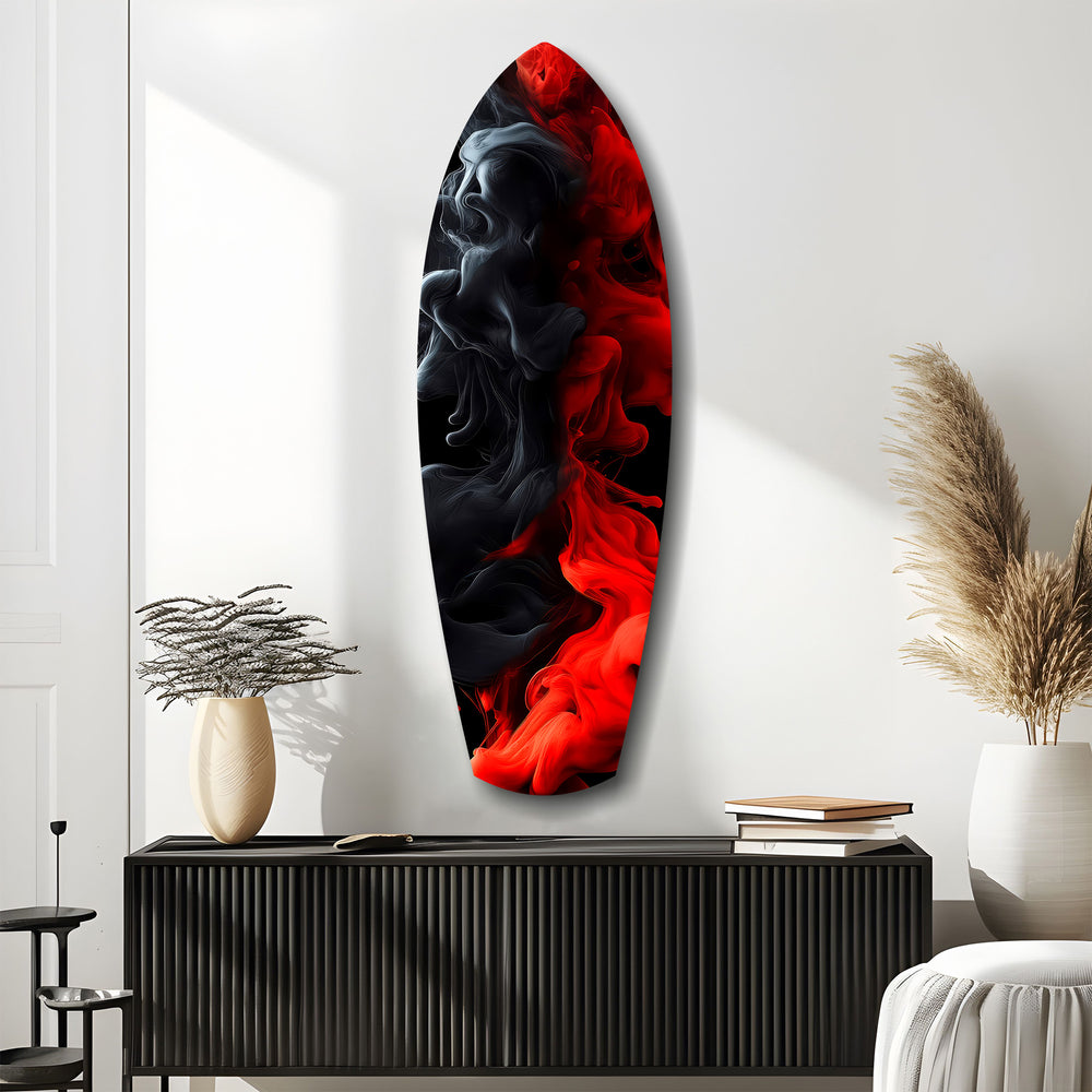 Red Black Smoke Ink Swirl Glass Wall Art.