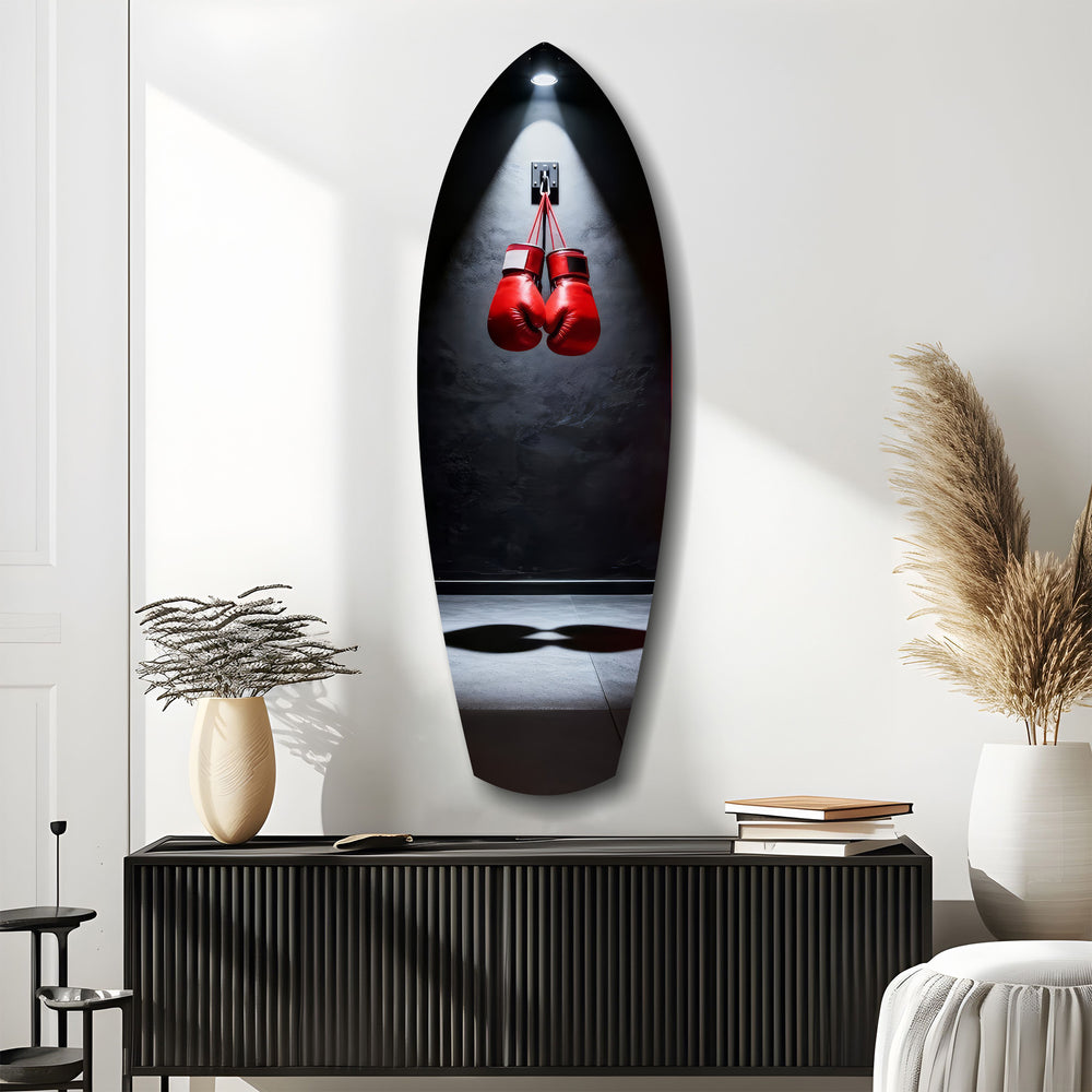 Red Boxing Gloves Spotlight Gym Glass Wall Art.