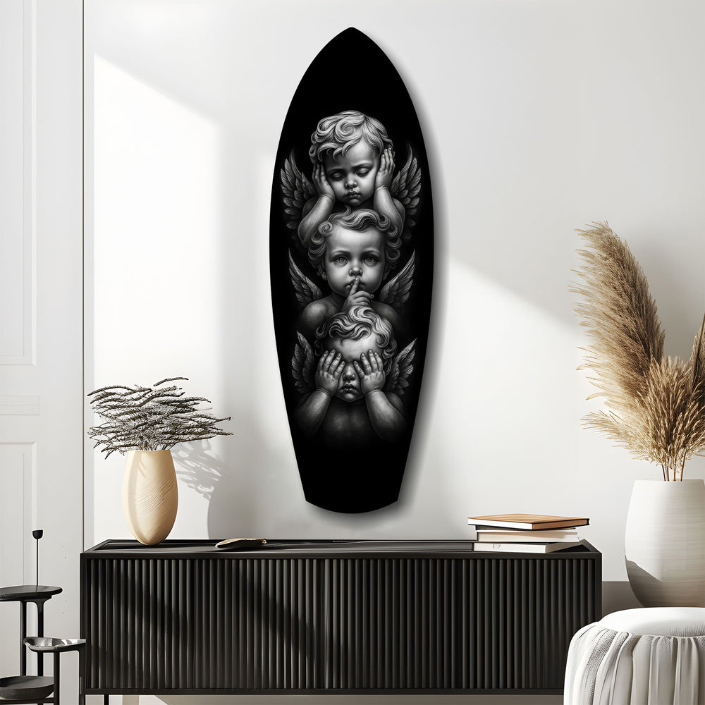 Three Wise Cherubs See Hear Speak No Evil Glass Wall Art.