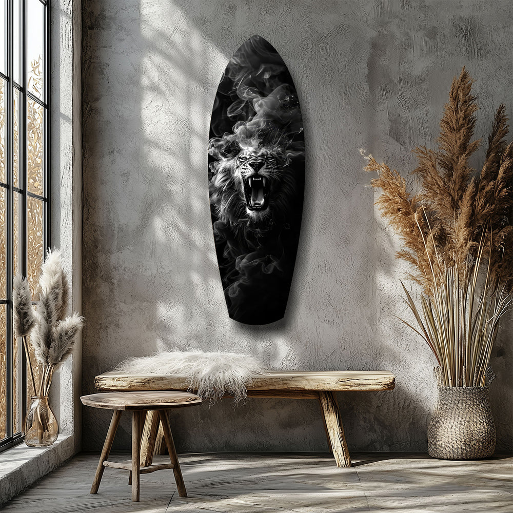 Roaring Lion Smoke Monochrome Glass Wall Art.