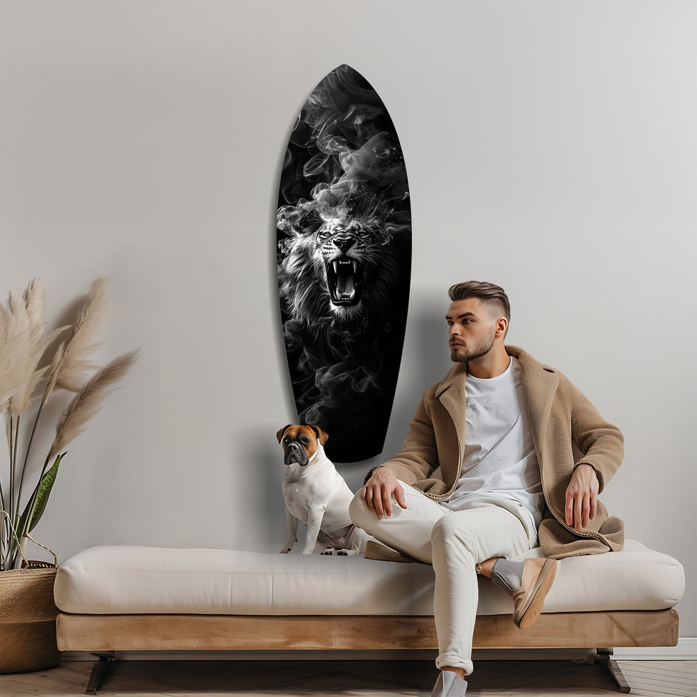 Roaring Lion Smoke Monochrome Glass Wall Art.