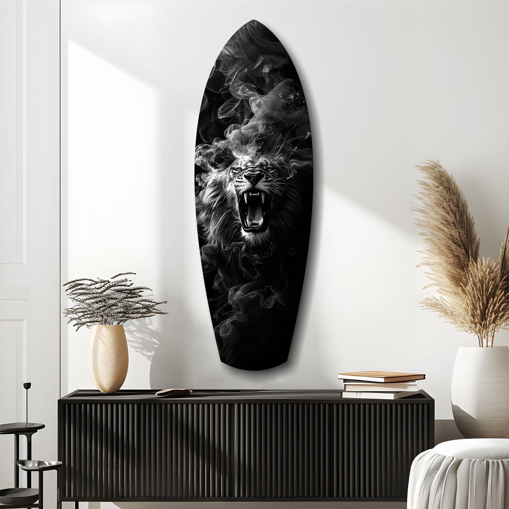 Roaring Lion Smoke Monochrome Glass Wall Art.