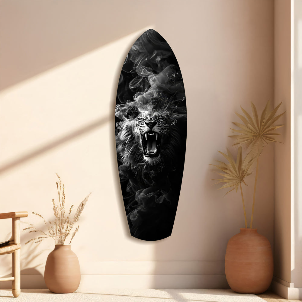 Roaring Lion Smoke Monochrome Glass Wall Art.