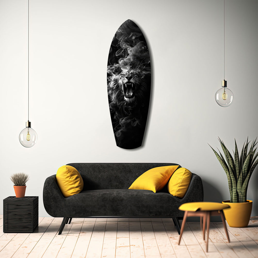 Roaring Lion Smoke Monochrome Glass Wall Art.