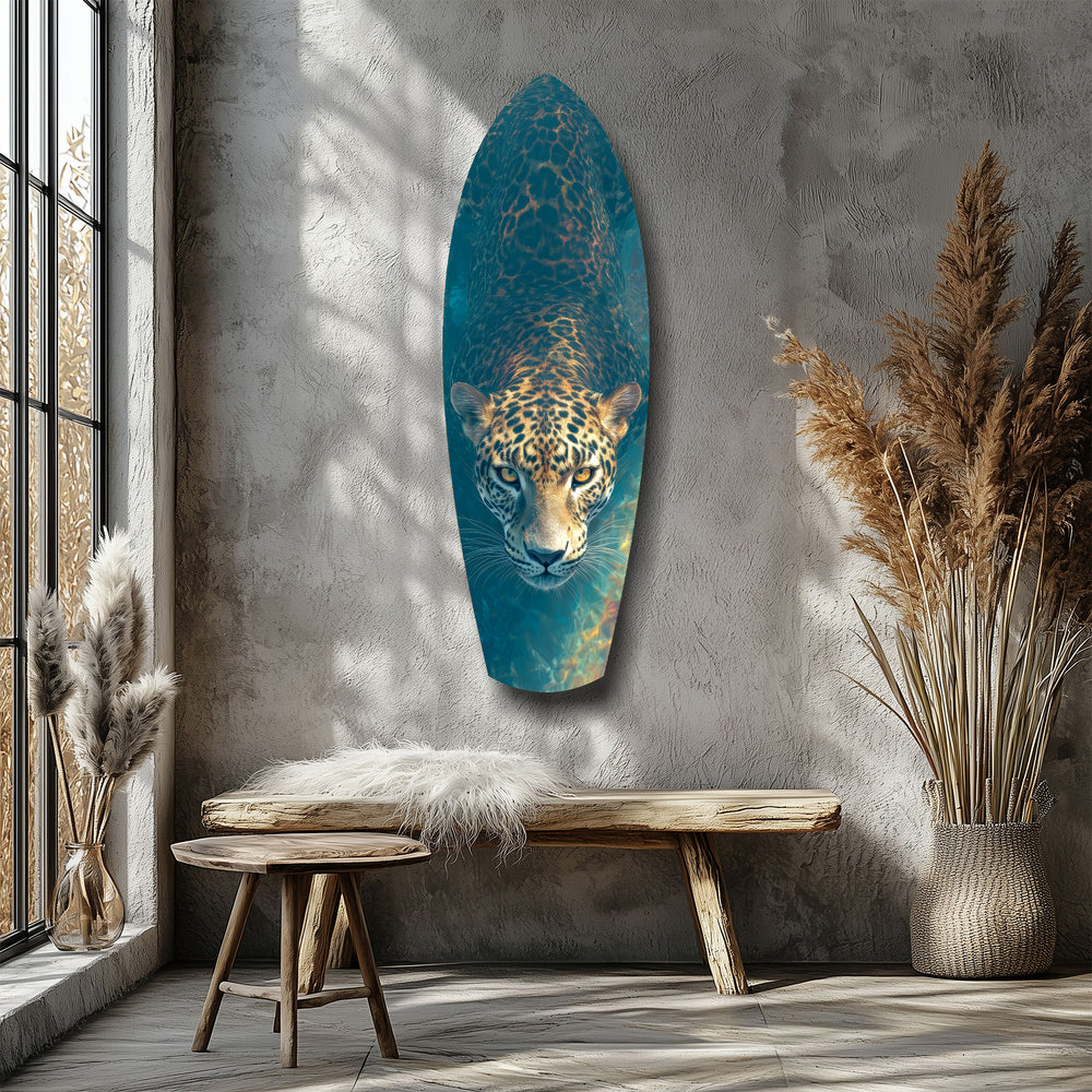 Leopard Stalking Turquoise Water Glass Wall Art.