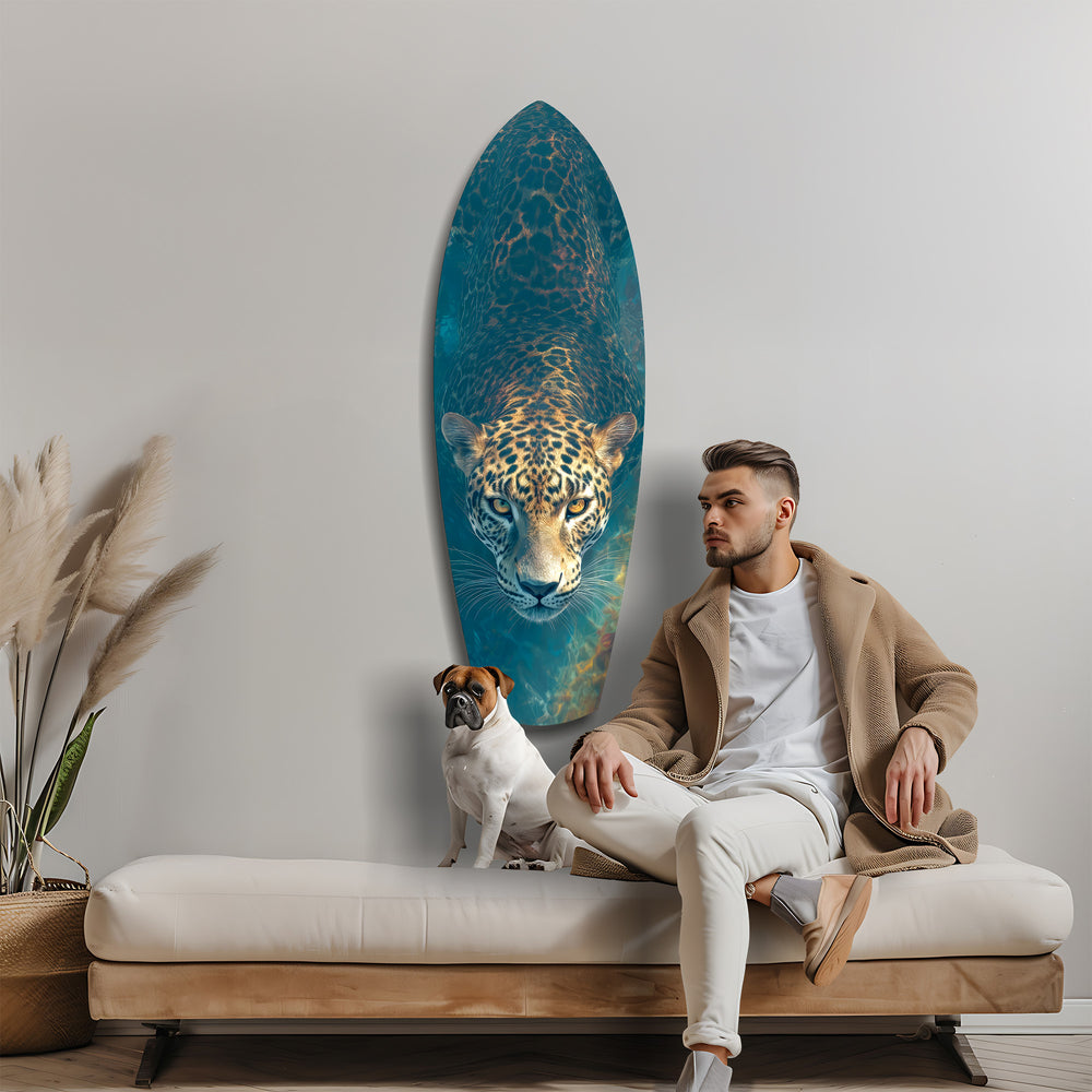 Leopard Stalking Turquoise Water Glass Wall Art.