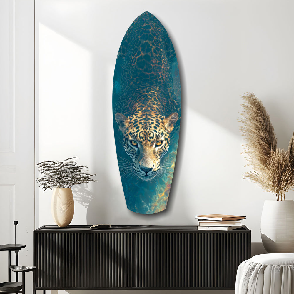 Leopard Stalking Turquoise Water Glass Wall Art.