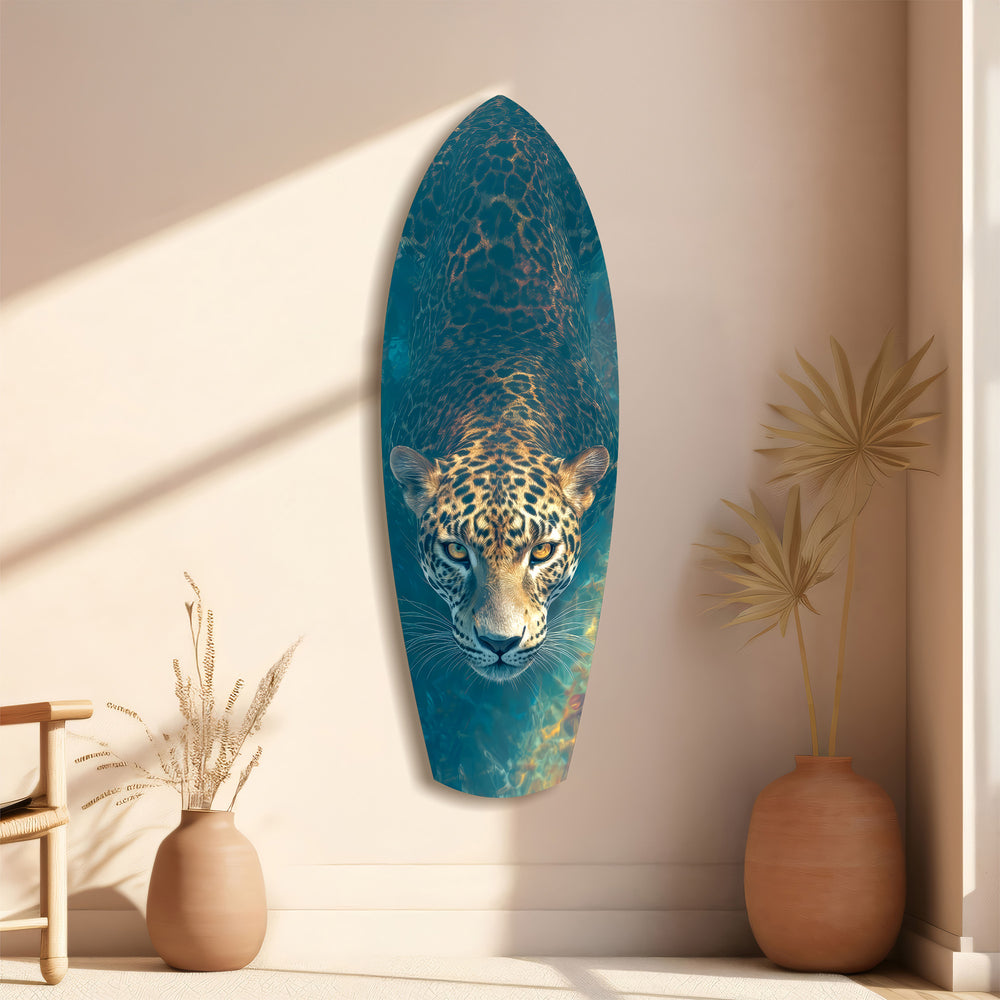 Leopard Stalking Turquoise Water Glass Wall Art.