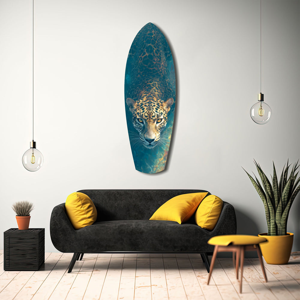 Leopard Stalking Turquoise Water Glass Wall Art.