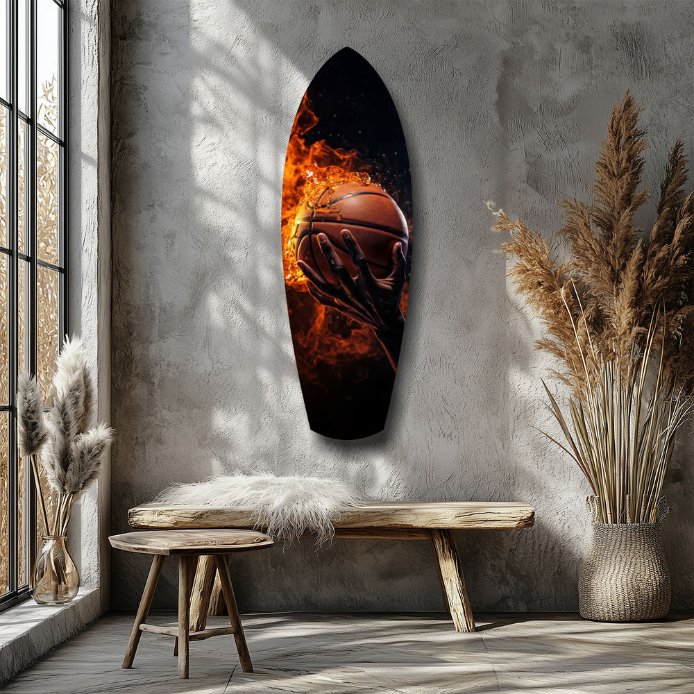 Flaming Basketball Hand Fire Glass Wall Art.