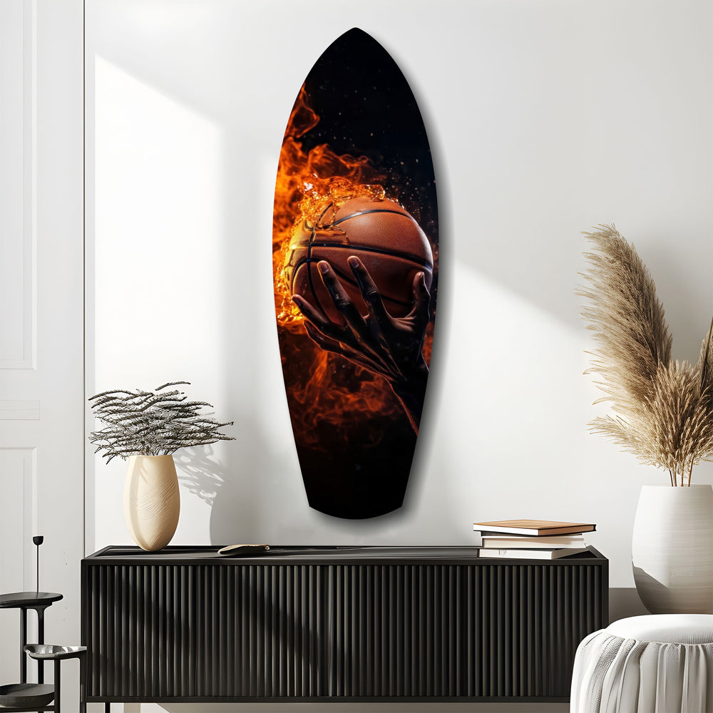 Flaming Basketball Hand Fire Glass Wall Art.
