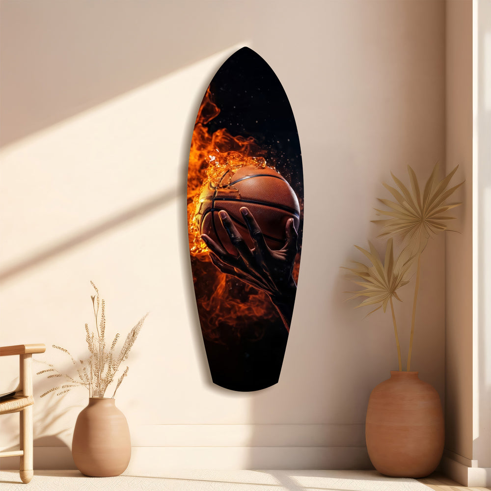 Flaming Basketball Hand Fire Glass Wall Art.