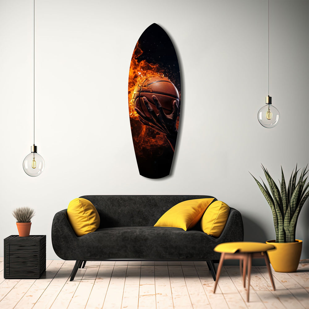 Flaming Basketball Hand Fire Glass Wall Art.