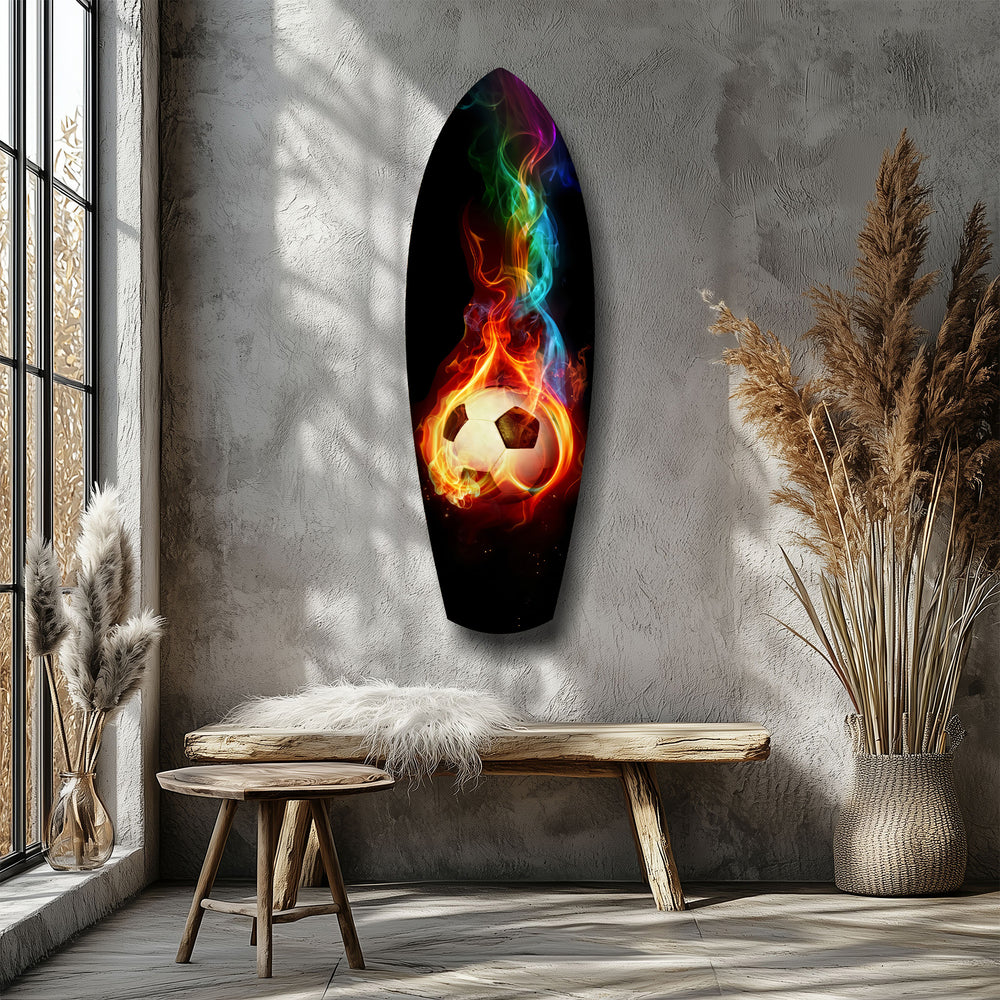 Flaming Soccer Ball Rainbow Smoke Glass Wall Art.