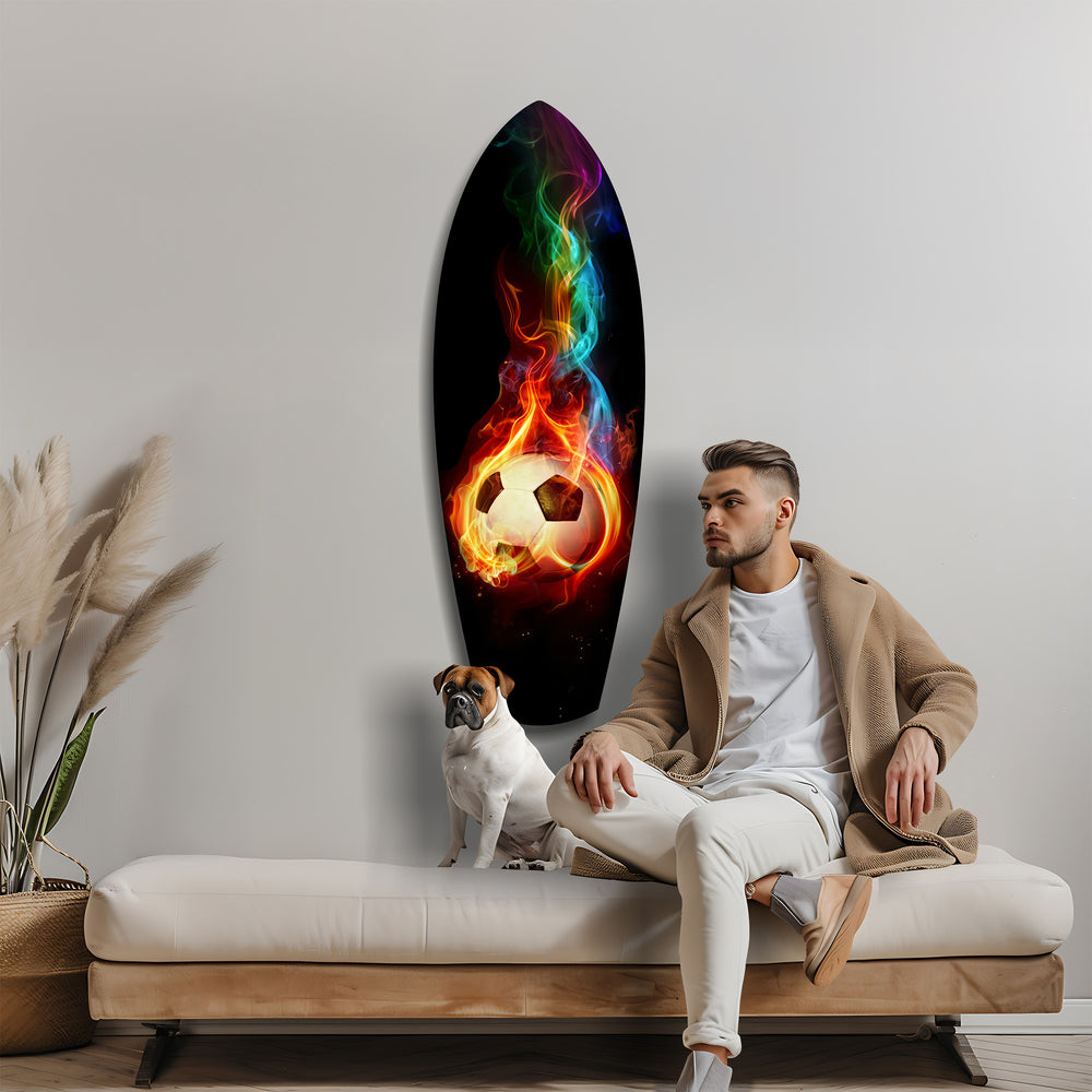 Flaming Soccer Ball Rainbow Smoke Glass Wall Art.