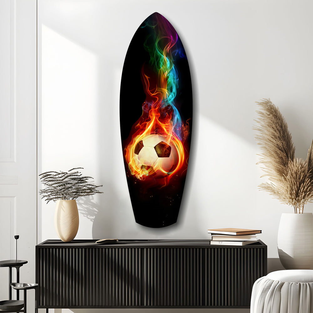 Flaming Soccer Ball Rainbow Smoke Glass Wall Art.