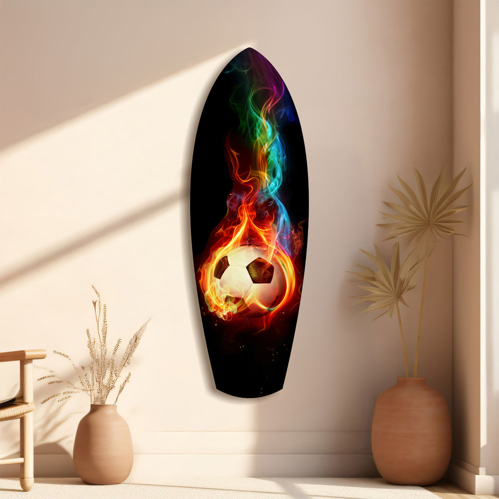 Flaming Soccer Ball Rainbow Smoke Glass Wall Art.