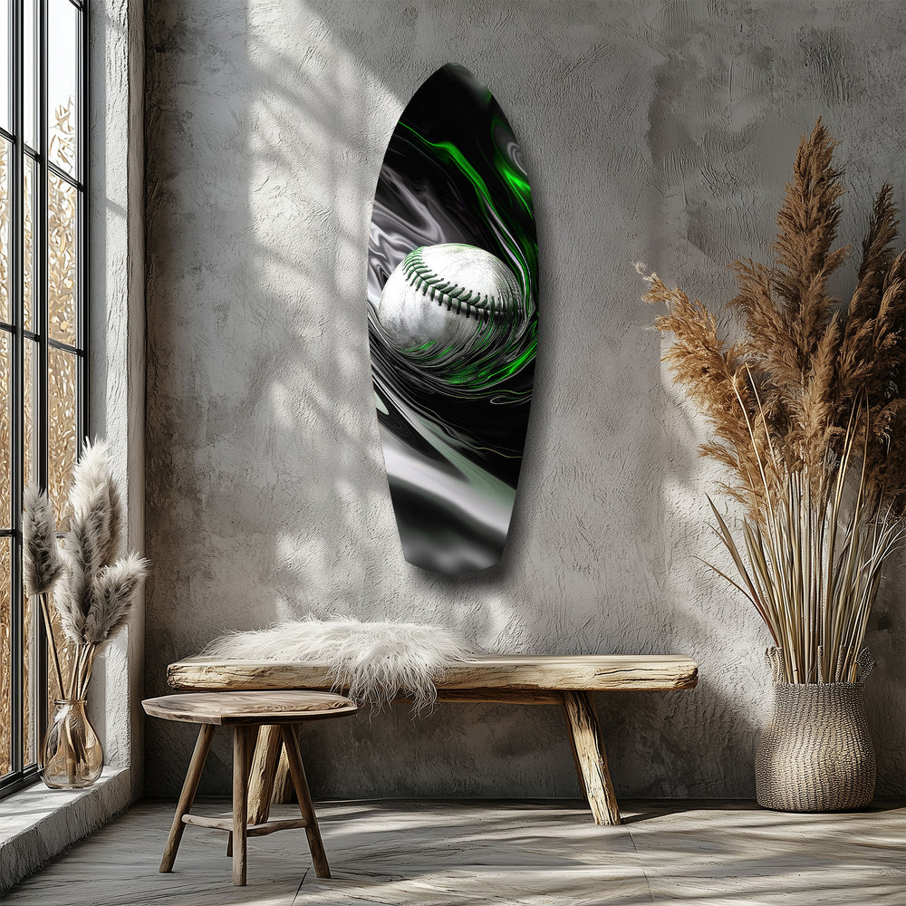 Baseball Liquid Swirl Black Green Glass Wall Art.